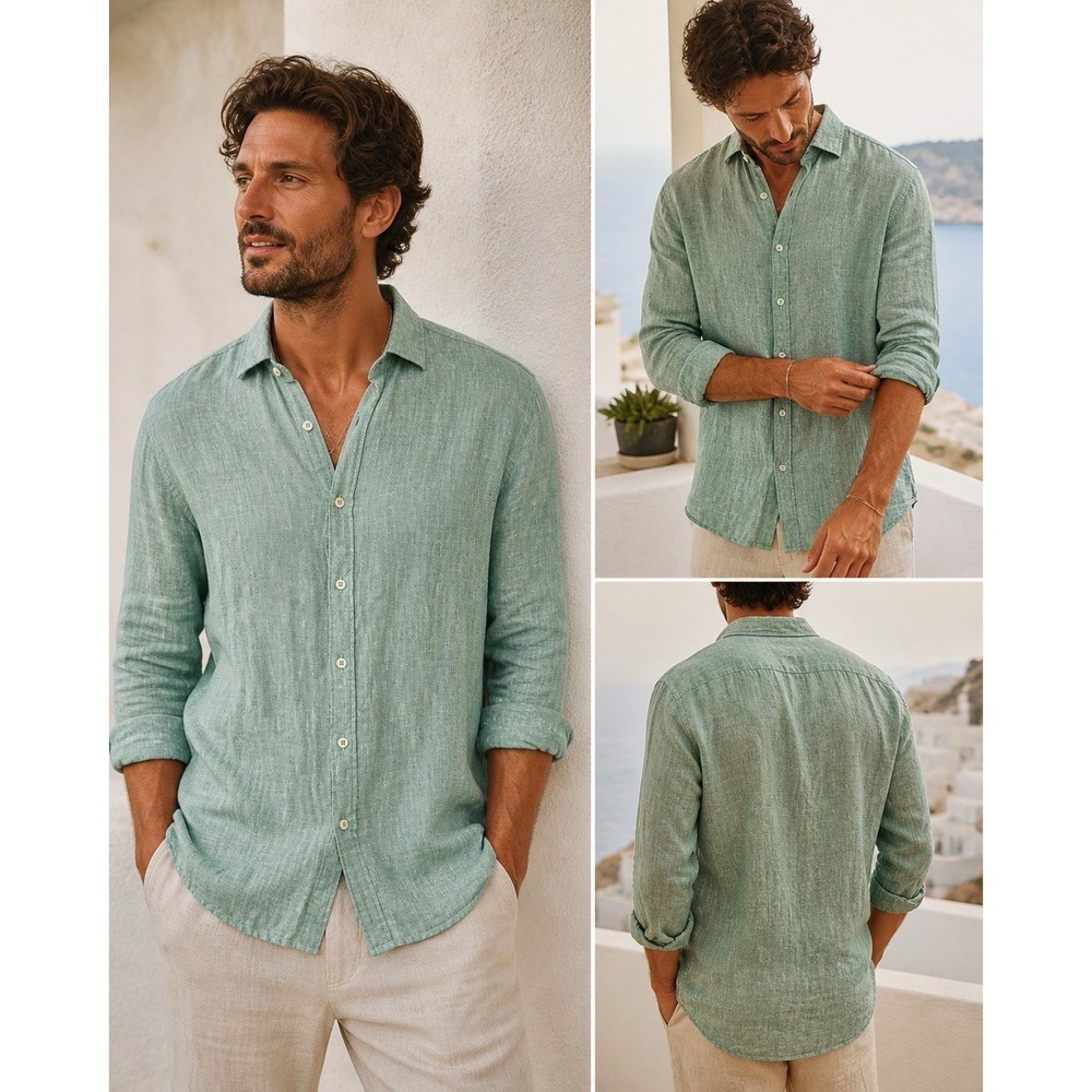 Idillio Positano Linen Shirt Mens Large Sea Foam Green Italy Long Sleeve #38